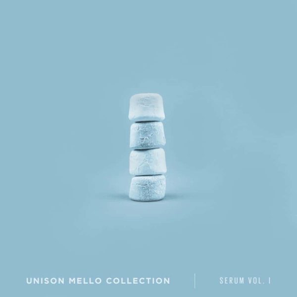 Four light blue blocks are stacked vertically against a matching background, creating a seamless visual. At the bottom, text elegantly reads "UNISON MELLO COLLECTION" and "SERUM VOL. I," referencing the Unison Mello Collection for Serum.