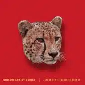 A captivating image of a cheetah's head set against a solid red background, featuring the text "Unison Artist Series" and "Jaydon Lewis - Majestic Sounds" at the bottom.