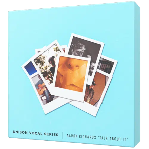 A product box labeled "Unison Vocal Series - Aaron Richards 'Talk About It'" adorned with a collage of Polaroid photos depicting various scenes on a light blue background.