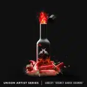 A black bottle with a flaming top surrounded by red chili peppers. The label displays a white graphic of crossed rifles, with text below reading: "Unison Artist Series - Loge21 'Secret Sauce Sounds.' Discover the spice of Loge21's sample pack.