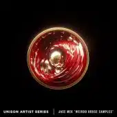 A black background features a glowing red and gold abstract spiral design along with the text: "Unison Artist Series - Jace Mek 'Weirdo House Samples'." This exclusive sample pack by Jace Mek provides unique, high-quality sounds for your next creative project.