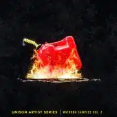 A red gas can with flames at its base appears against a black background. Text at the bottom reads: "Unison Artist Series - Matroda Samples Vol. 2.