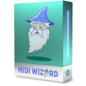 A teal software box featuring a cartoon wizard with a white beard and blue hat. The product name "Unison MIDI Wizard License + Lifetime Updates" is written at the bottom of the box, guaranteeing lifetime updates with every license purchase.