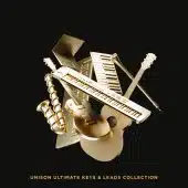 A collection of musical instruments, including a keyboard, guitar, saxophone, and flute, are all depicted in a stunning golden metallic style against a sleek black background. Text reads "Bonus #1: Unison Ultimate Keys & Leads Collection.