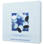 A product box for "Unison MIDI Drum Blueprint + 3 Bonuses," featuring an illustration of six white drums arranged in a circle on a blue background, perfectly complementing the popular Unison MIDI Chord Pack.