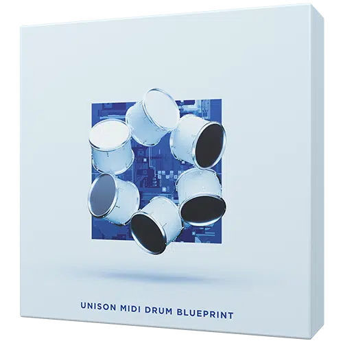 A product box for "Unison MIDI Drum Blueprint + 3 Bonuses," featuring an illustration of six white drums arranged in a circle on a blue background, perfectly complementing the popular Unison MIDI Chord Pack.