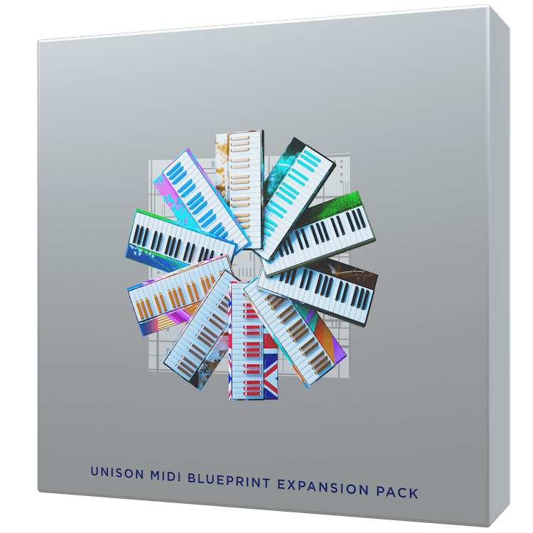 Image of the Unison MIDI Blueprint Expansion Pack packaging, showcasing a circular keyboard layout on the front cover, highlighting the cutting-edge design of this acclaimed product.