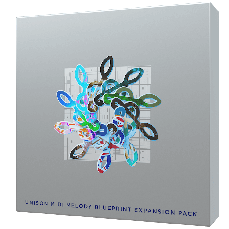 A product box labeled "Unison MIDI Melody Blueprint Expansion Pack" showcases a striking central graphic composed of colorful, intertwined, leaf-like shapes—an ideal enhancement for your Unison MIDI Chord Pack.