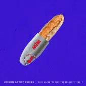 An image showcases a partially wrapped baguette against a purple background. The wrapper displays the text "Aazar" and "Secure The Baguette Vol. 1." At the bottom, there is additional text reading, "Unison Artist Series - Chef Aazar 'Secure The Baguette Vol. 1,'" highlighting this sizzling sample pack from Chef Aazar in the Unison Artist Series.