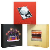 Three boxed MIDI chord packs are displayed: the "Unison Billboard MIDI Chord Pack" in red, the "Unison DJ MIDI Chord Pack" in black with a stage design, and the "Unison Vintage MIDI Chord Pack" in yellow. This Unison Famous MIDI Chord Bundle offers a versatile collection of MIDI chords to enhance your music production.