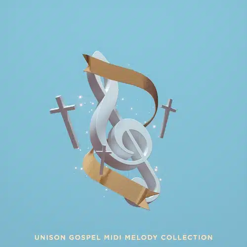 The cover art for the "Unison Gospel MIDI Melody Collection" showcases a treble clef intertwined with ribbons and flanked by two crosses on a light blue background, perfectly capturing the essence of gospel MIDI melodies.