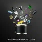 A variety of musical instruments and objects, including a saxophone, microphone, and cassette tape, float above a drum. Text at the bottom reads "Bonus #1: Unison Essential Drum Collection.