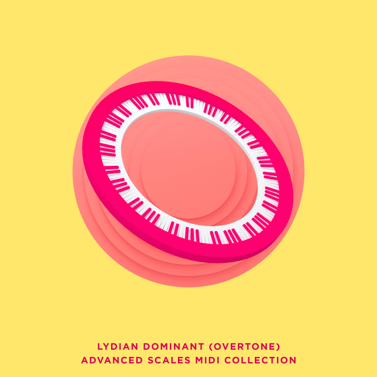 A pink, circular piano keyboard graphic on a yellow background with text: "Unison Lydian Dominant (Overtone) Advanced Scales MIDI Collection.