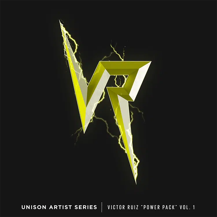 A logo with the letters "VR" composed of yellow, angular, lightning-like shapes on a black background. Text at the bottom reads: "UNISON ARTIST SERIES - VICTOR RUIZ 'POWER PACK' VOL. 1," showcasing his dynamic sample pack collection.