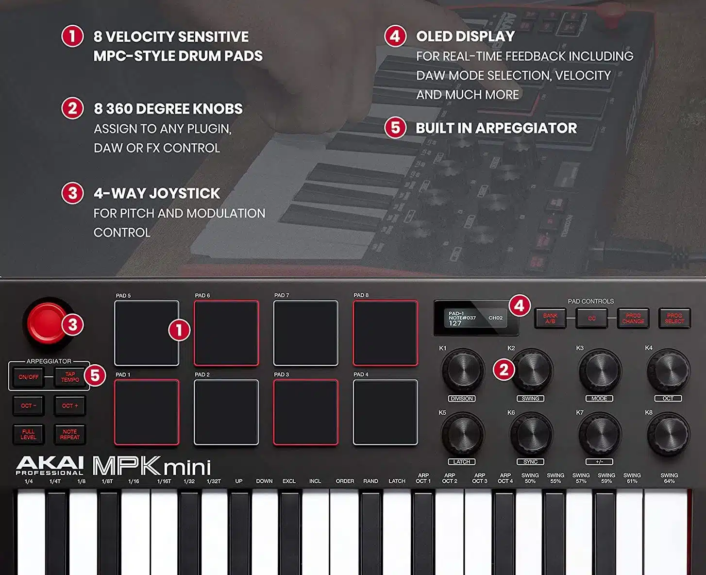 CLAVIER MAITRE AKAI PROFESSIONAL - MPK MINI MKIII Mini touches - USB 25  mini notes 8 pads écran OLED