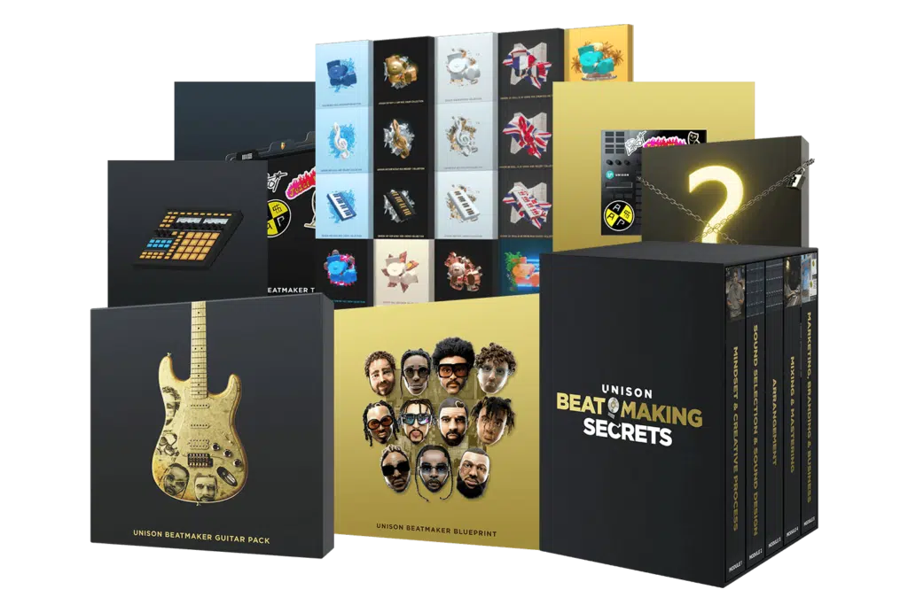 Image of the Unison Beatmaker Bundle (Payment Plan), featuring books, a guitar pack, blueprint sheets, and additional music production resources displayed in an organized manner. A convenient payment plan makes acquiring this comprehensive package even easier.