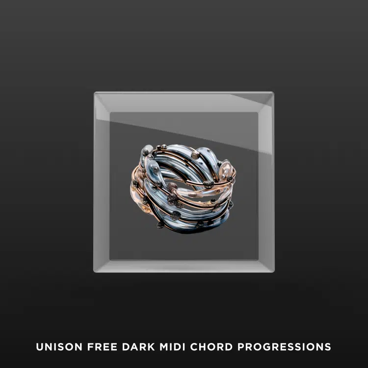 A promotional image for Unison Free Dark MIDI Chord Progressions showcases an abstract metallic sculpture set against the backdrop of a transparent square.