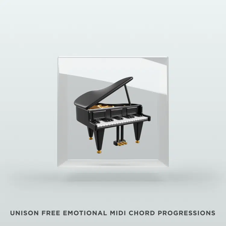 Image of a miniature black grand piano encased in a transparent box, showcasing the text "Unison Free Emotional MIDI Chord Progressions" beneath it, emphasizing the perfect harmony between Unison and emotion in every chord progression.