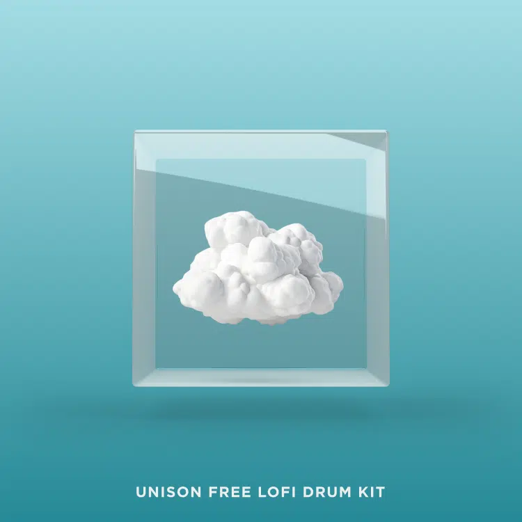 A white cloud-like object is encased in a transparent glass cube on a light blue background. Text below reads, "Unison Free LoFi Drum Kit.