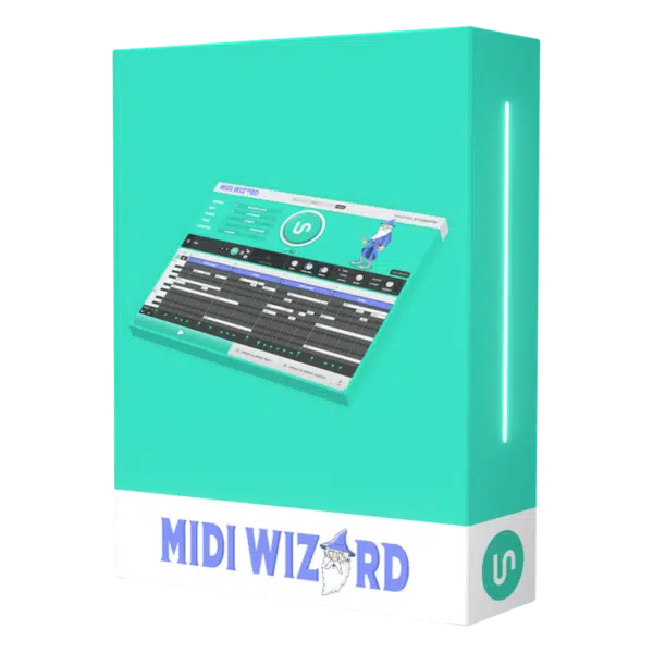 A green rectangular box labeled "Unison MIDI Wizard 2.0 Update" at the bottom, featuring a digital workstation interface image on the front that highlights the latest updates.