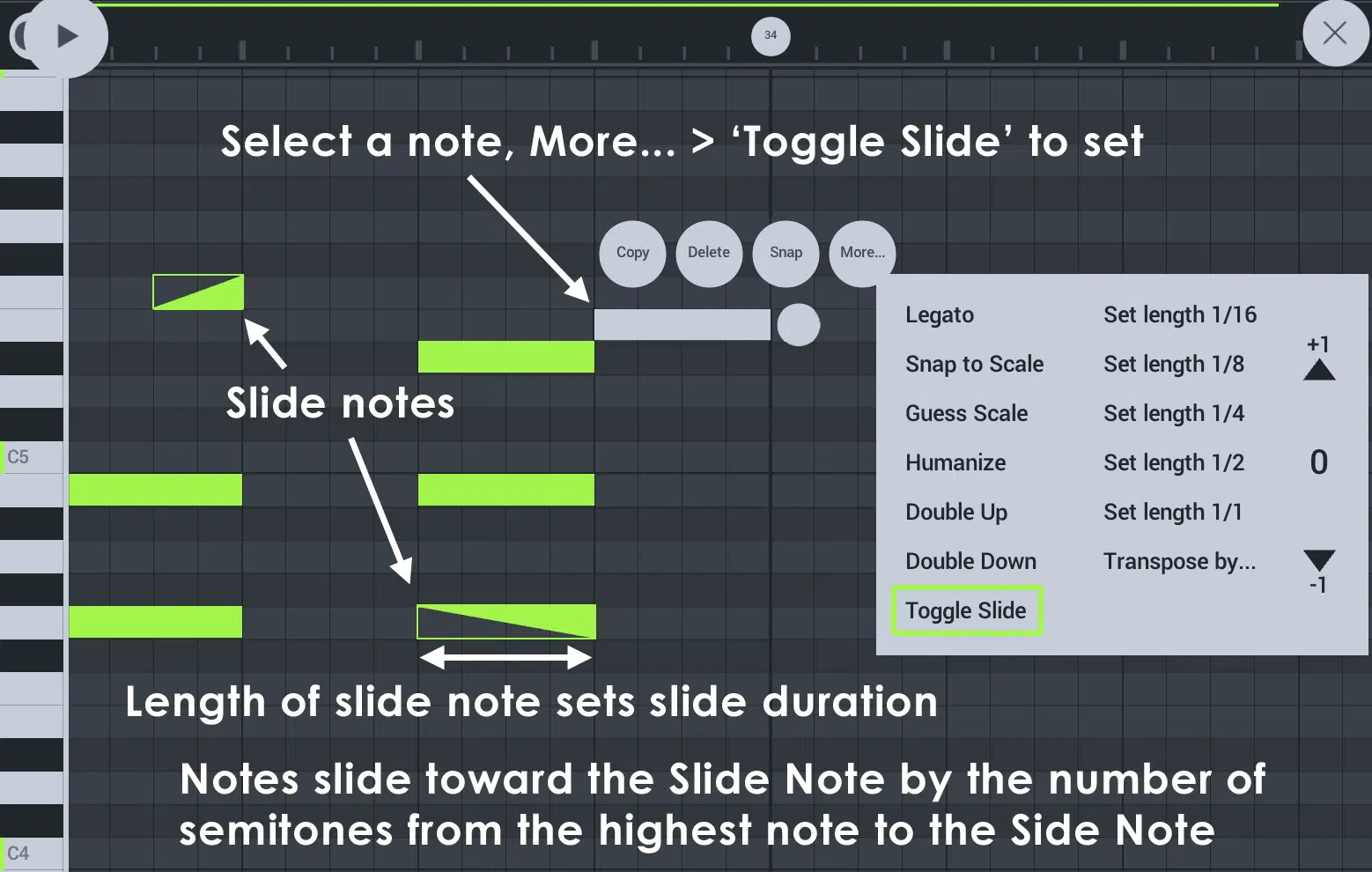 Slide notes and note velocity - Unison