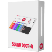 The Unison Sound Doctor + 3 Free Bonuses software package box features a vibrant graphic interface with colorful audio tracks and a playful cartoon figure. The logo and the text "Sound Doctor" are prominently displayed at the bottom, accompanied by a note highlighting the inclusion of three free bonuses.