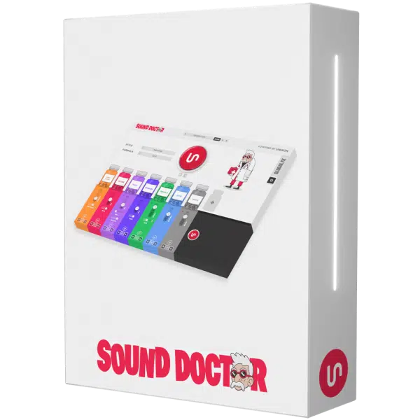 The Unison Sound Doctor + 3 Free Bonuses software package box features a vibrant graphic interface with colorful audio tracks and a playful cartoon figure. The logo and the text "Sound Doctor" are prominently displayed at the bottom, accompanied by a note highlighting the inclusion of three free bonuses.