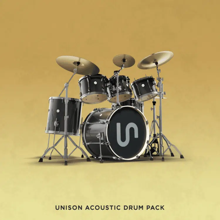 A black acoustic drum set, featuring a "U" logo on the bass drum head, is positioned against a yellow background. Below the drum set, the text "Unison Acoustic Drum Pack" is displayed.