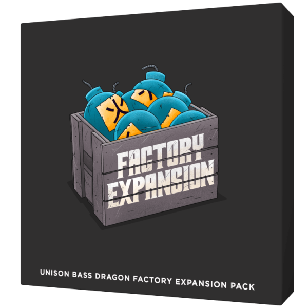 A box labeled "Factory Expansion" filled with cartoon-style blue grenades featuring yellow tips and black fuses. Text below reads: "Bass Dragon Factory Expansion Pack, perfect for the ultimate bass boost.