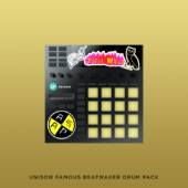 Image of a beatmaker device adorned with stickers that read "Juice WRLD," "Unison," and feature various icons. Beneath the image, the text states "Unison Famous Beatmaker Drum Pack." The device's buttons are organized in a grid pattern.