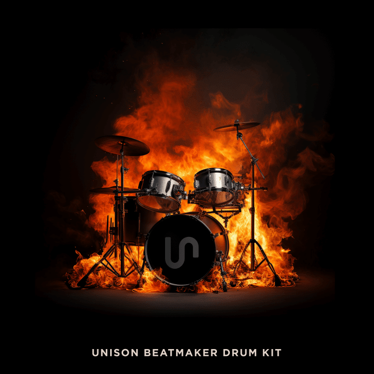 A drum kit featuring a stylized "U" emblazoned on the bass drum, encircled by flames against a black backdrop. Below it reads "Unison Beatmaker Drum Kit"