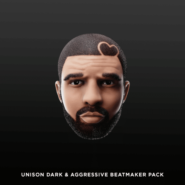 A digital illustration of a bearded man with short hair and a heart-shaped design shaved on the left side of his head, promoting the Unison Dark & Aggressive Beatmaker Pack, which includes an exclusive hip hop sample pack for your creative needs.