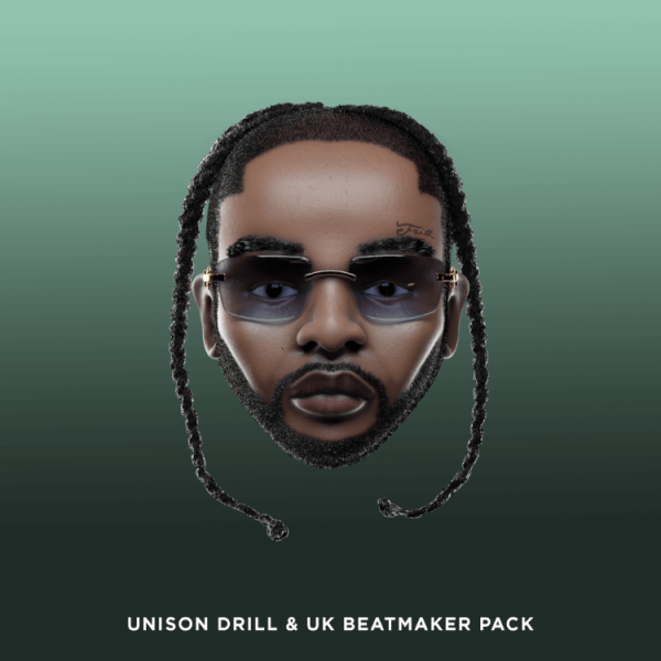 3D illustration of a man's head with braided hair and sunglasses against a gradient green background. Text at bottom: "Unison Drill & UK Beatmaker Pack.