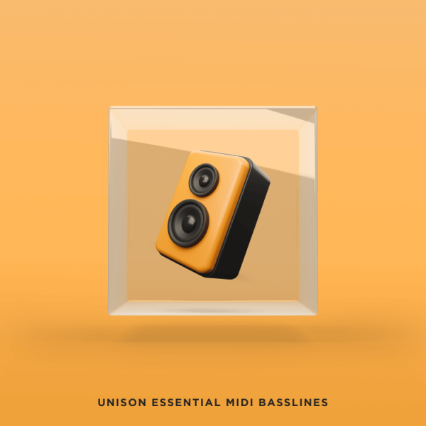 Image of a black and orange speaker against an orange background in a transparent cube. Text at the bottom reads "Unison Essential MIDI Basslines: Includes free MIDI basslines.