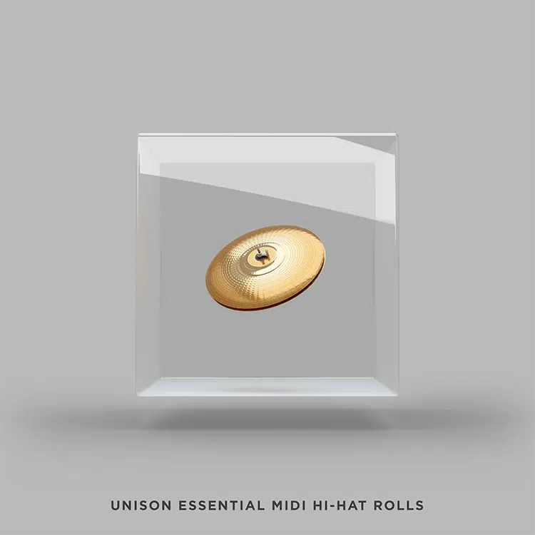 Image of the Unison Essential MIDI Hi-Hat Rolls packaging, which showcases a hi-hat cymbal against a grey backdrop.