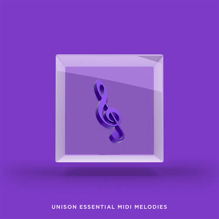 Featuring a purple treble clef within a translucent square, with the text "Unison Essential MIDI Melodies" beneath, all set against a vibrant purple backdrop.