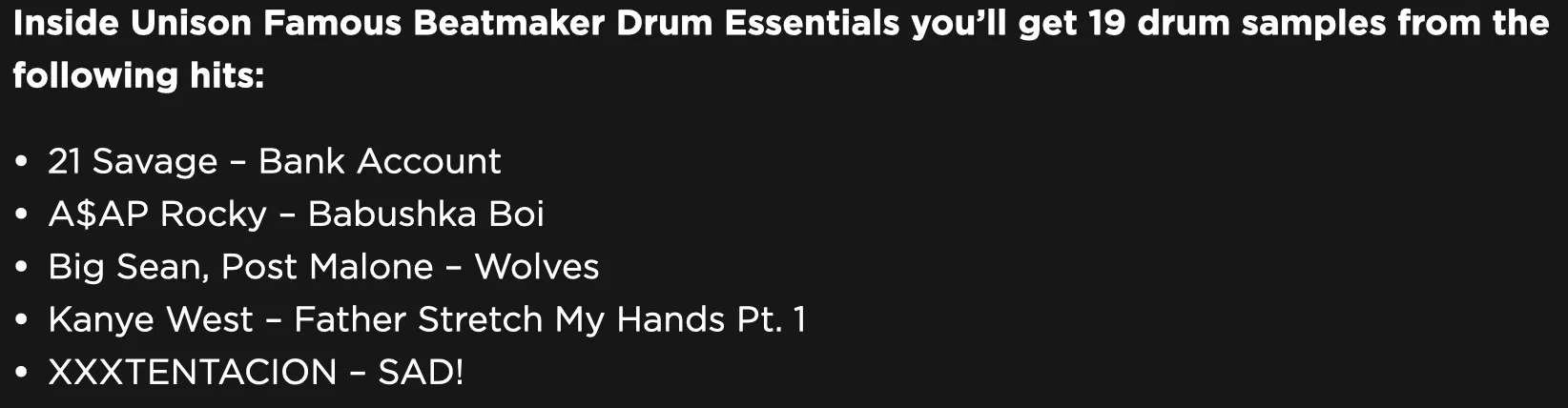 Unison Famous Beatmaker Drum Essentials Specs - Unison