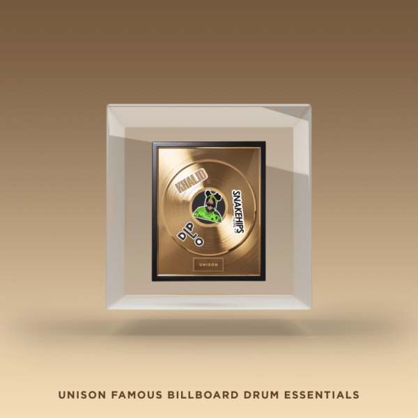 A framed gold record plaque with the text "Unison Famous Billboard Drum Essentials" showcased against a gradient brown background, celebrating the ultimate collection of sounds rivaling any free hip hop drum kit.