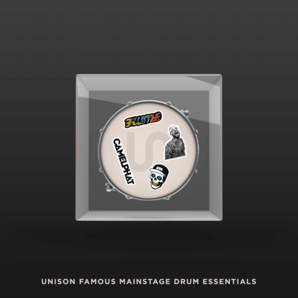A framed display of drum-themed graphics showcasing the logos of Flume, CamelPhat, and a masked character, with the label "Unison Famous Mainstage Drum Essentials" at the bottom—an ideal piece for enthusiasts of the Unison Famous Mainstage Drum Essentials.