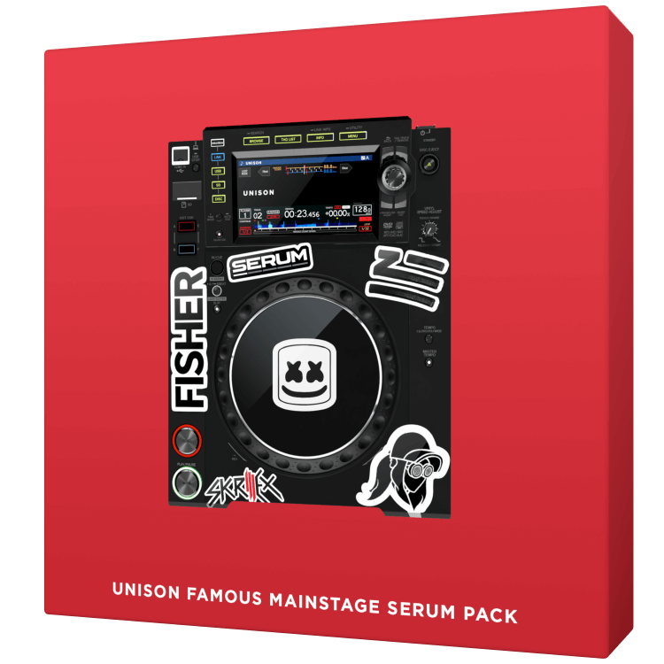 Packaging for the Unison Famous Mainstage Serum Pack showcasing a DJ turntable adorned with various stickers like "Serum," "Fisher," and additional logos, set against a vibrant red background.