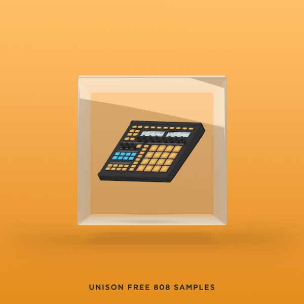 An image of a digital music sampler with various buttons and a small screen is set against an orange background. The text below the sampler reads "Unison Free 808 Samples," highlighting the availability of free 808 samples for music producers.