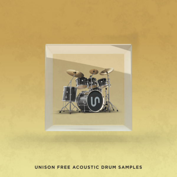 Image of a drum set with the Unison logo on the bass drum, showcased in a transparent frame against a yellow gradient background. Text at the bottom reads "Get Your Free Unison Acoustic Drum Samples".