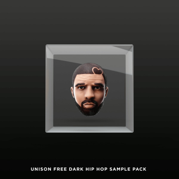 A graphic of a man's head with a beard and a heart-shaped haircut design is displayed within a transparent square. Beneath it, the text "Unison Free Dark Hip Hop Sample Pack" showcases the ultimate collection for your next beat.