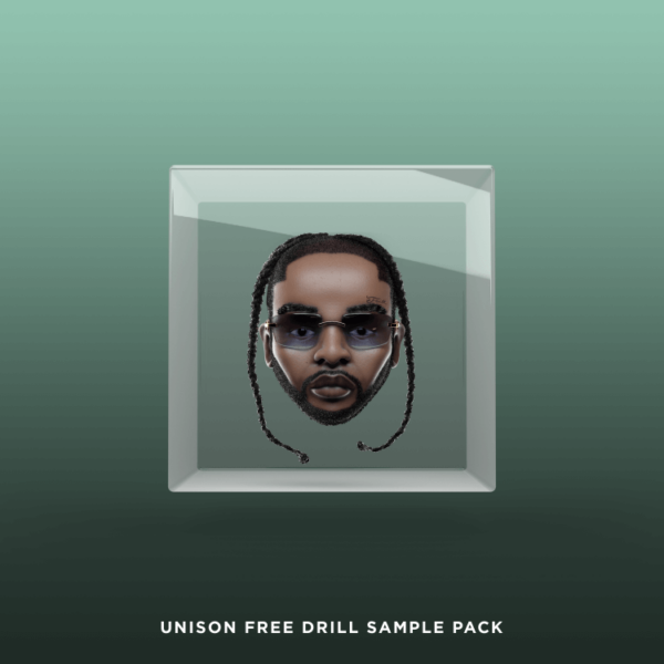 An illustrated portrait features a man with braids and sunglasses, framed elegantly. Beneath the image, text reads "Unison Free Drill Sample Pack." The background transitions smoothly from light to dark green, perfectly encapsulating the essence of the Unison Free Drill Sample Pack.