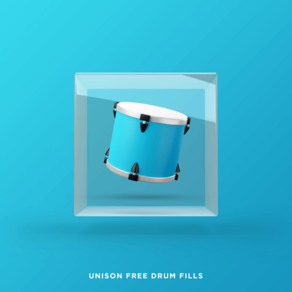 Illustration of a blue drum encased in a translucent cube on a blue background with the text "Unison Free Drum Fills" at the bottom, highlighting the availability of free drum fills.