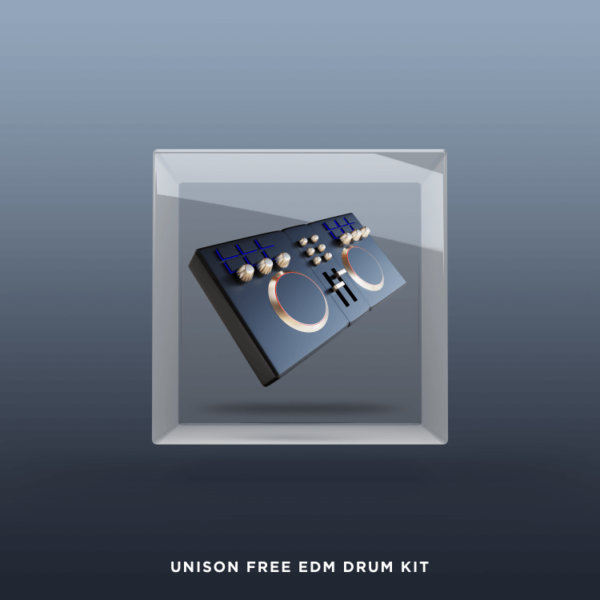 Image of a digital DJ controller with knobs and pads displayed against a gradient background, with text underneath reading "Unison Free EDM Drum Kit.