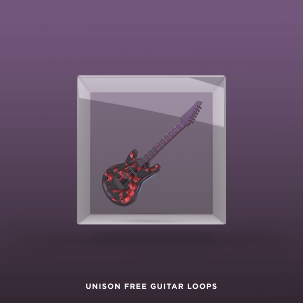 A transparent cube displays a black and red electric guitar illustration against a purple gradient background, with the text "Unison Free Guitar Loops" below, emphasizing the offering of free guitar loops.