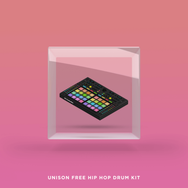 Image of a drum pad controller featuring vibrant buttons within a translucent, beveled square frame set against a pink gradient backdrop. Text beneath reads "Unison Free Hip Hop Drum Kit.