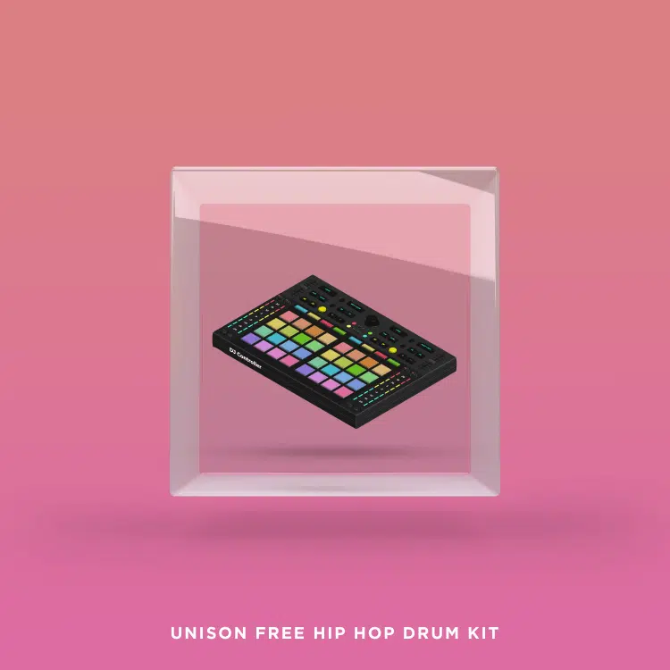 Image of a drum pad controller featuring vibrant buttons within a translucent, beveled square frame set against a pink gradient backdrop. Text beneath reads "Unison Free Hip Hop Drum Kit.