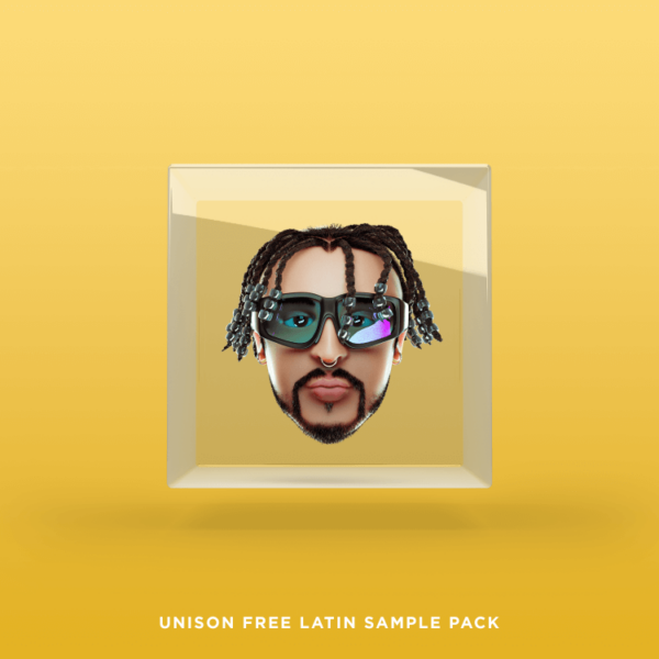 Illustration of a man with braids, sunglasses, and a futuristic eyepiece set against a vibrant yellow background. Text at the bottom proudly announces the Unison Free Latin Sample Pack.